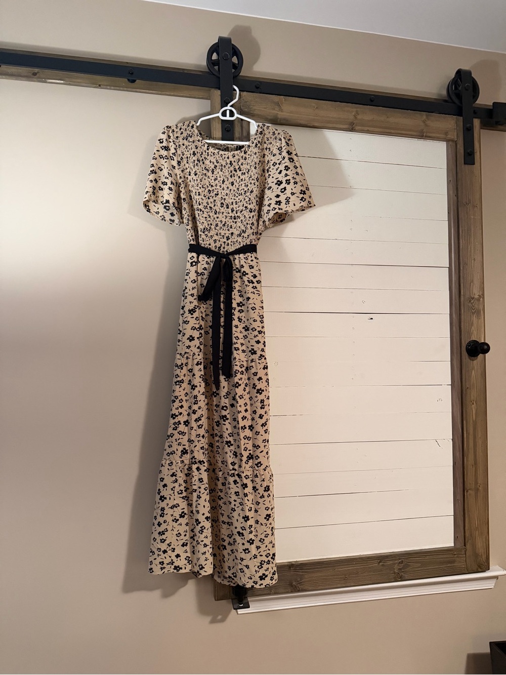 Beige Floral Maxi Dress with Black Belt